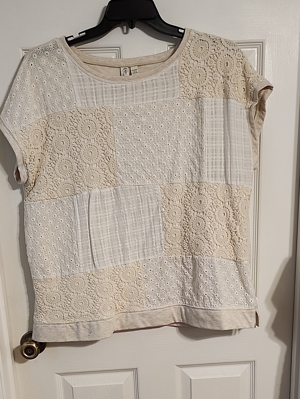 Cato Cream Patchwork Lace & Eyelet Short Sleeve Top